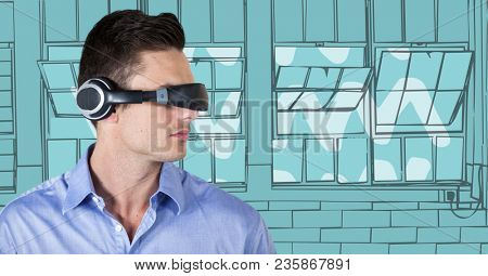 Business man in virtual reality headset against blue hand drawn windows