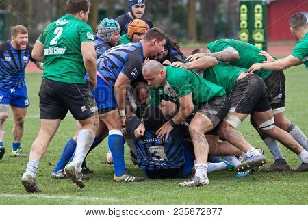 CLUJ-NAPOCA, ROMANIA - 31 March 2018: Rugby cup final between CSM Stiinta Baia Mare vs CSM Bucuresti on 31.03.2018 in Cluj-Napoca, Romania