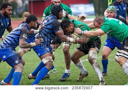 CLUJ-NAPOCA, ROMANIA - 31 March 2018: Rugby cup final between CSM Stiinta Baia Mare vs CSM Bucuresti on 31.03.2018 in Cluj-Napoca, Romania