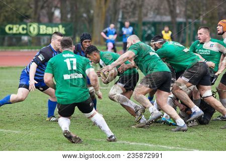 CLUJ-NAPOCA, ROMANIA - 31 March 2018: Rugby cup final between CSM Stiinta Baia Mare vs CSM Bucuresti on 31.03.2018 in Cluj-Napoca, Romania