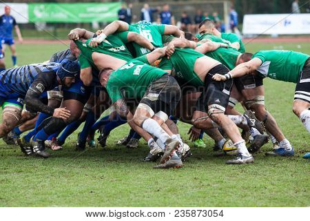 CLUJ-NAPOCA, ROMANIA - 31 March 2018: Rugby cup final between CSM Stiinta Baia Mare vs CSM Bucuresti on 31.03.2018 in Cluj-Napoca, Romania