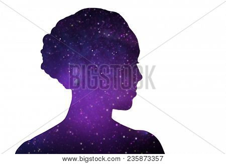 mindfulness, harmony and spirituality concept - ultra violet woman silhouette of space over white background