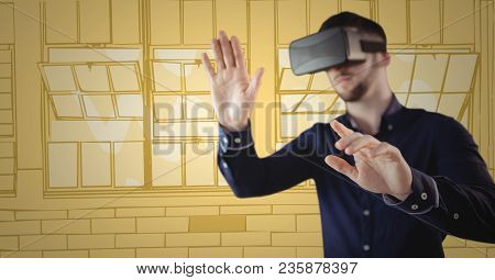 Man in virtual reality headset hands out against yellow hand drawn windows