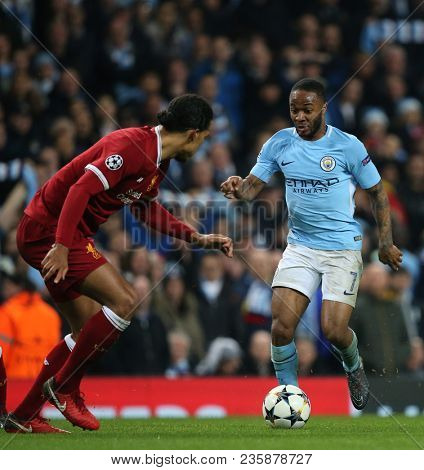 MANCHESTER, ENGLAND - APRIL 10: Raheem Sterling  during the Champions League quarter final match between Manchester City and Liverpool at the Etihad Stadium on April 10, 2018 