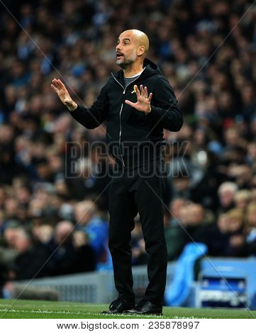 MANCHESTER, ENGLAND - APRIL 10: Josep Guardiola Manager  during the Champions League quarter final match between Manchester City and Liverpool at the Etihad Stadium on April 10, 2018 