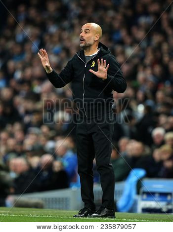 MANCHESTER, ENGLAND - APRIL 10: Josep Guardiola Manager  during the Champions League quarter final match between Manchester City and Liverpool at the Etihad Stadium on April 10, 2018 