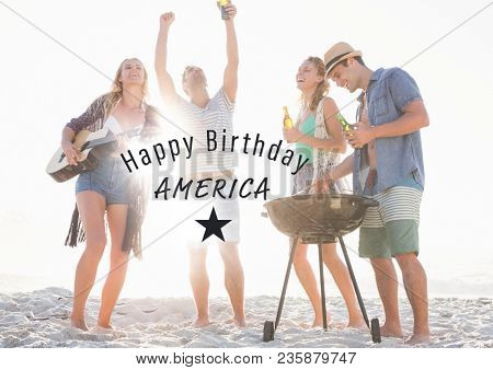 Grey fourth of July graphic against millennials at beach party and flares