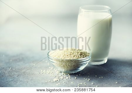 Sesame Seed Milk In Glass And Sesame Seeds On Grey Concrete Background With Copy Space. Raw Food Die