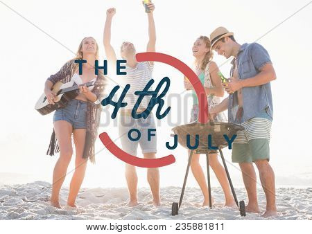 Fourth of July graphic against millennials at beach party