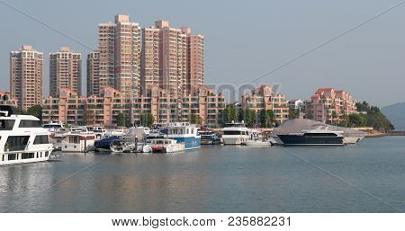 Tuen Mun, Hong Kong, 22 March 2018: Cruise in typhoon shelter in Hong Kong 