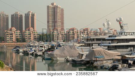 Tuen Mun, Hong Kong, 22 March 2018: Hong Kong Cruise in typhoon shelter 