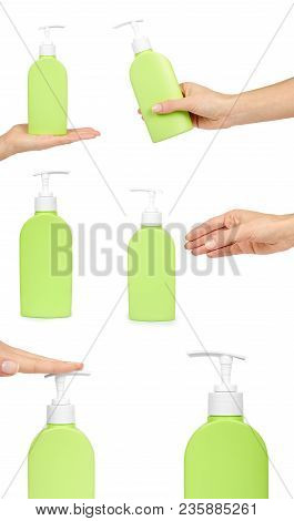 Set Of Different Plastic Bottle For Shampoo Or Liquid Soap With Hand, Isolated On White Background. 