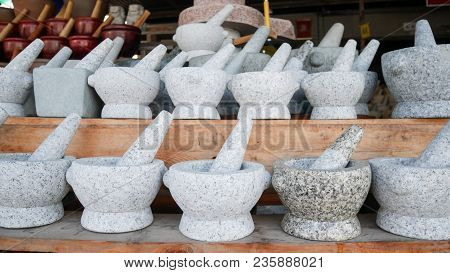 Close Up Group Of Mortar Stone In Store.
