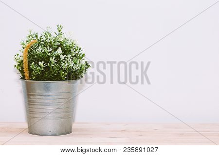 Flower In Pot On Wooden Table Background