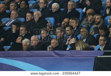 MANCHESTER, ENGLAND - APRIL 10: Josep Guardiola Manager  sits in the stand after being sent off during the Champions League quarter final match between Manchester City and Liverpool 