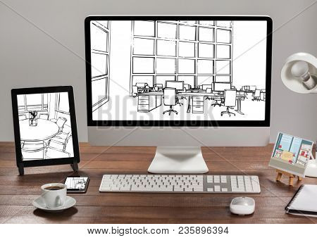 desk with tablet, computer and phone. 1 office blueprint in each one. (all white and black)