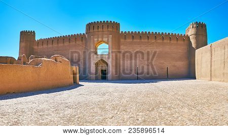 The Facade Of The Restored Castle In Arg-e Rayen Citadel With Circle Watchtowers, Nowadays Serving A