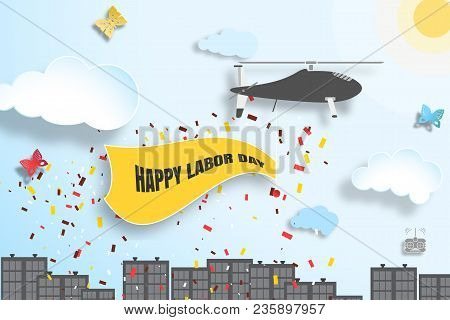 Vector Wide Poster Of Happy Labor Day Greetings With Fying Helicopter On The Gradient Blue Backgroun