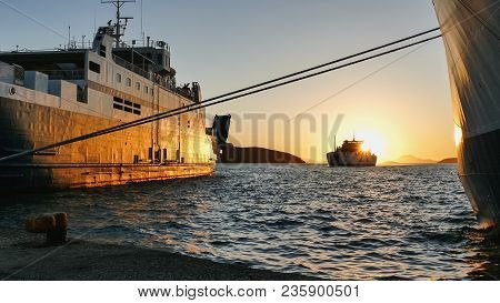 Beautiful Golden Sunset In The Port Of Igoumenitsa.