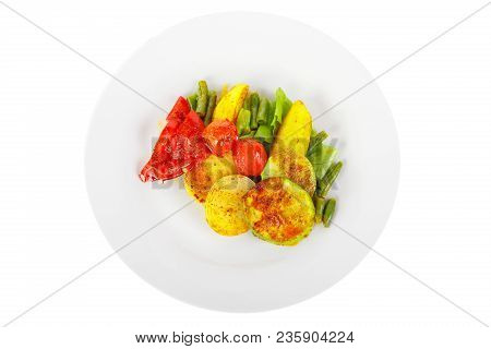 Vegetables Grilled Portion Of Side Dish On A Plate On White Isolated Background View From Above. App