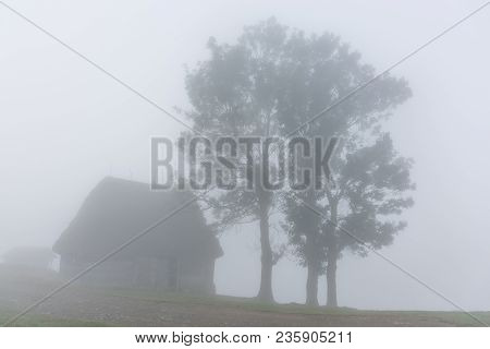 Beautiful Mountain Landscape Of A Foggy Morning With And Old House And Trees, Dumesti, Salciua, Apus