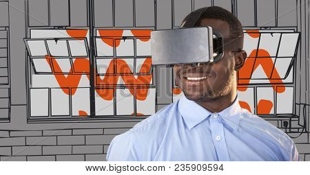 Business man in virtual reality headset against grey and orange hand drawn windows