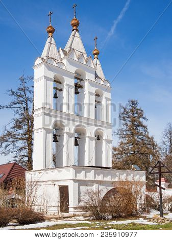 Moscow, Russia - April 8, 2018. Ancient Bell Tower Of Transfiguration Cathedral In Bolshie Vyazyomy 