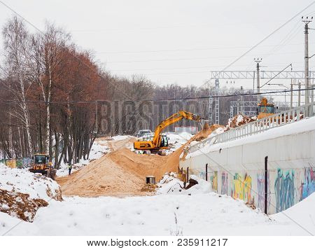 Moscow, Russia - March 14, 2018. Construction Site Near The Moscow Central Circle Or Mcc.