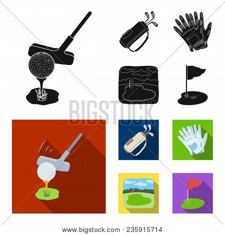A Ball With A Golf Club, A Bag With Sticks, Gloves, A Golf Course.golf Club Set Collection Icons In 