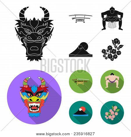 Dragon Mask, Katano, A Man Is A Sumo Player, A Fujiama Mountain.japan Set Collection Icons In Black,