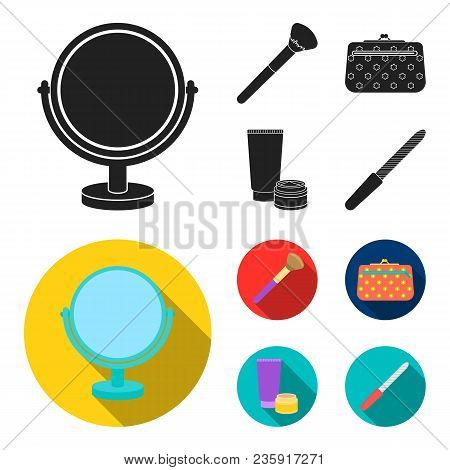 Table Mirror, Cosmetic Bag, Face Brush, Body Cream.makeup Set Collection Icons In Black, Flat Style 