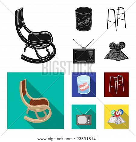 Denture, Rocking Chair, Walker, Old Tv.old Age Set Collection Icons In Black, Flat Style Vector Symb