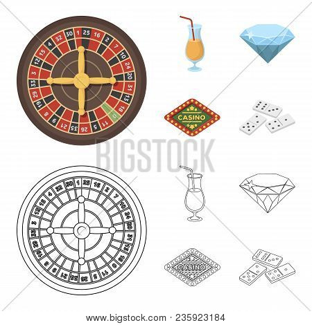 Roulette, A Glass With A Drink, A Diamond, A Sign Casino And Gambling Set Collection Icons In Cartoo