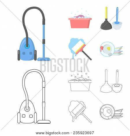 Cleaning And Maid Cartoon, Outline Icons In Set Collection For Design. Equipment For Cleaning Vector