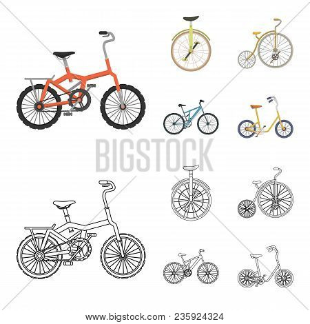 Retro, Unicycle And Other Kinds.different Bicycles Set Collection Icons In Cartoon, Outline Style Ve