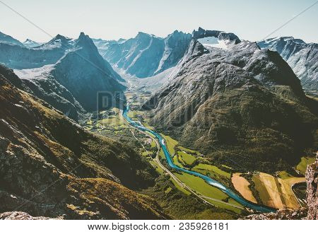 Landscape Mountains Aerial View Valley And River In Norway Travel Scenery Scandinavian Nature Romsda