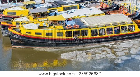Barges Boats Lie Iceboundly In The Memory Town With The Hamburg Harbor