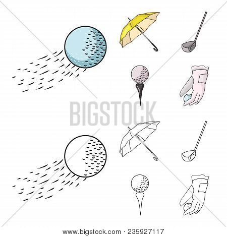 A Flying Ball, A Yellow Umbrella, A Golf Club, A Ball On A Stand. Golf Club Set Collection Icons In 