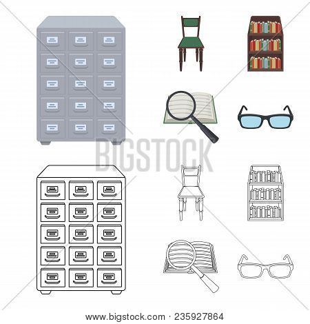 Cabinet With Filing Cabinet, Chair, Shelves, Information Search. Library And Bookstore Set Collectio