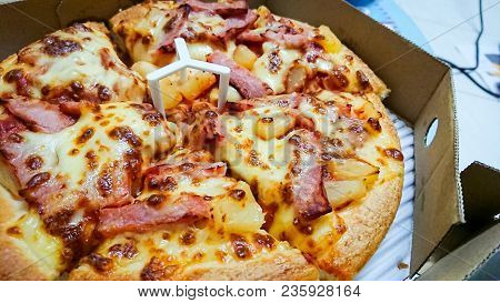 Delicious Hawaiian Pizza In A Cardboard Box.;