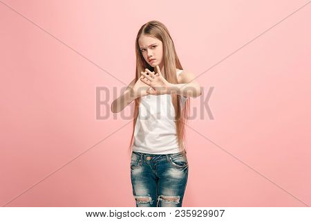 Reject, Rejection, Doubt Concept. Young Emotional Teen Girl At Studio Rejecting Something Against Pi