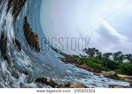 Example Of Incorrct Work Of Rolling Shutter In Photo Camera. Distortion Of Ocean Photo. Curved Skyli