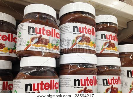 Bangkok, Thailand- April 12, 2018 : Nutella Hazelnut Spread Jars On Supermarket Shelves. Nutella Is 
