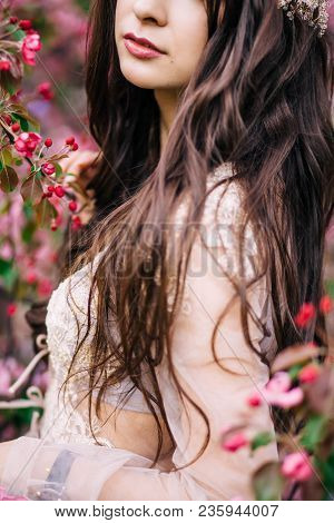Portrait Of Beautiful Young Brunette Woman In Beige Bridal Boudoir Lace Dress, Long Hair, Next To Th