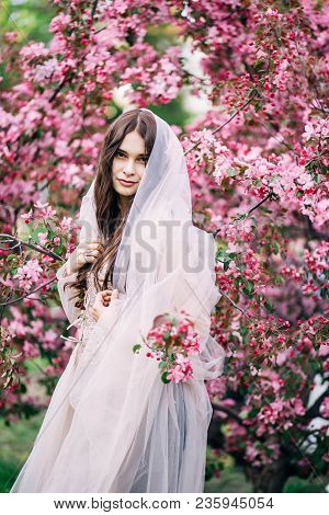 Beautiful Sexual Girl Brunette Bride In Long Wedding Dress Beige, Closed The Veil To The Hair And Lo