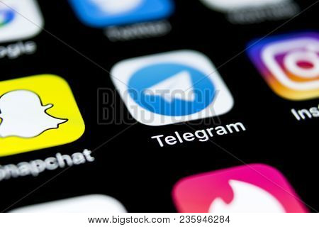 Sankt-petersburg, Russia, April 12, 2018: Telegram Application Icon On Apple Iphone X Screen Close-u