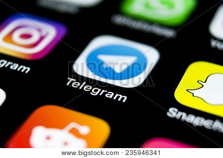 Sankt-petersburg, Russia, April 12, 2018: Telegram Application Icon On Apple Iphone X Screen Close-u