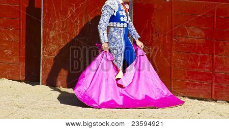 Torero and bull in bullfight. Madrid, Spain.