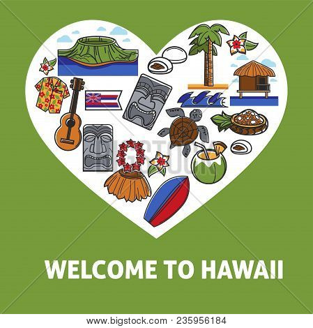 Welcome To Hawaii Promo Banner With National Symbols. Wild Nature, Stone Sculptures, Acoustic Guitar