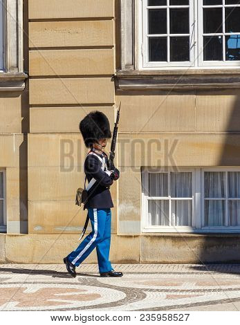 Copenhagen, Denmark- May 03, 2013: Royal Guard In Amalienborg Castle In Copenhagen